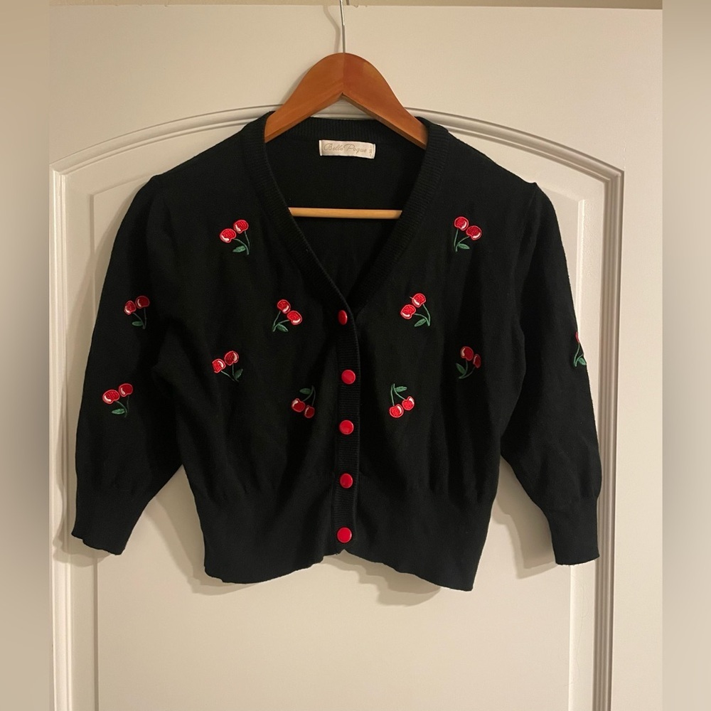 Belle Poque Vintage Retro Black Cardigan with Cherry Embroidery 3/4 Sleeve Crop